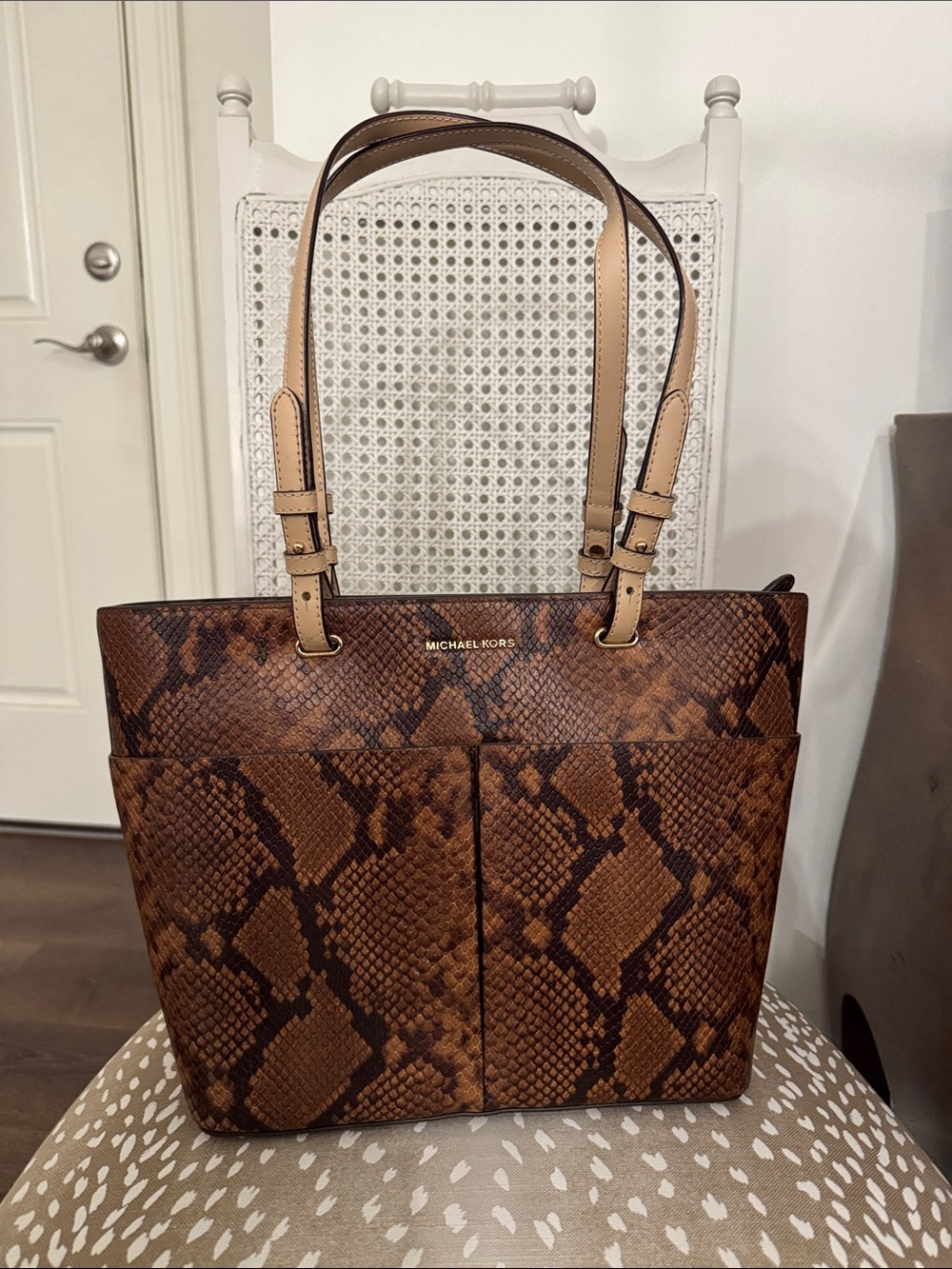 Michael Kors Brown Snake-Print Tote with Dual Shoulder Straps